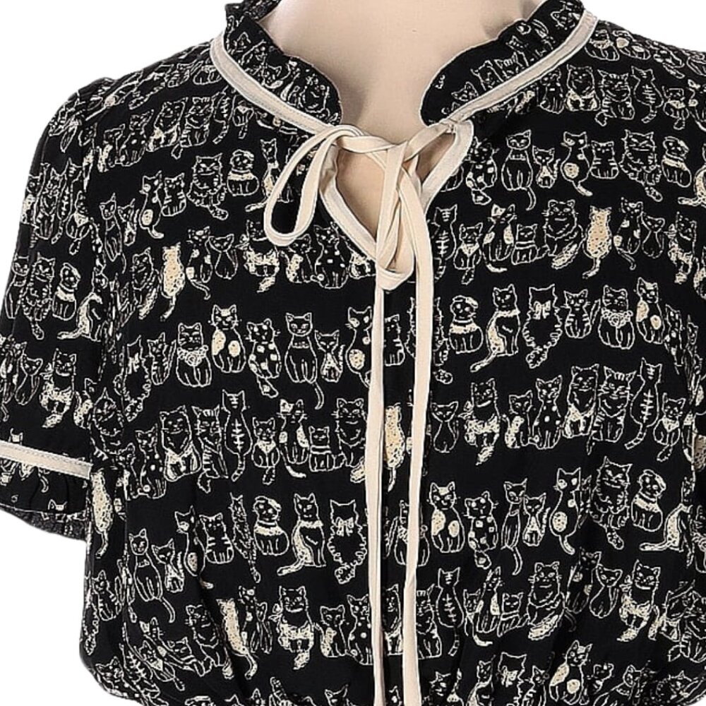 Modcloth Black Dress with Cream Cat Print and Trim